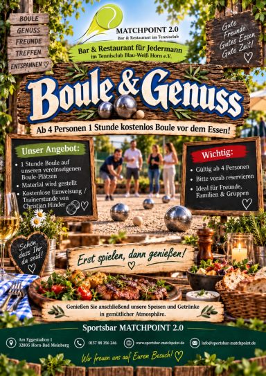 Boule & Genuss: Ab vier Personen eine Stunde kostenlos Boule vor dem Essen in der Sportsbar Matchpoint 2.0.
